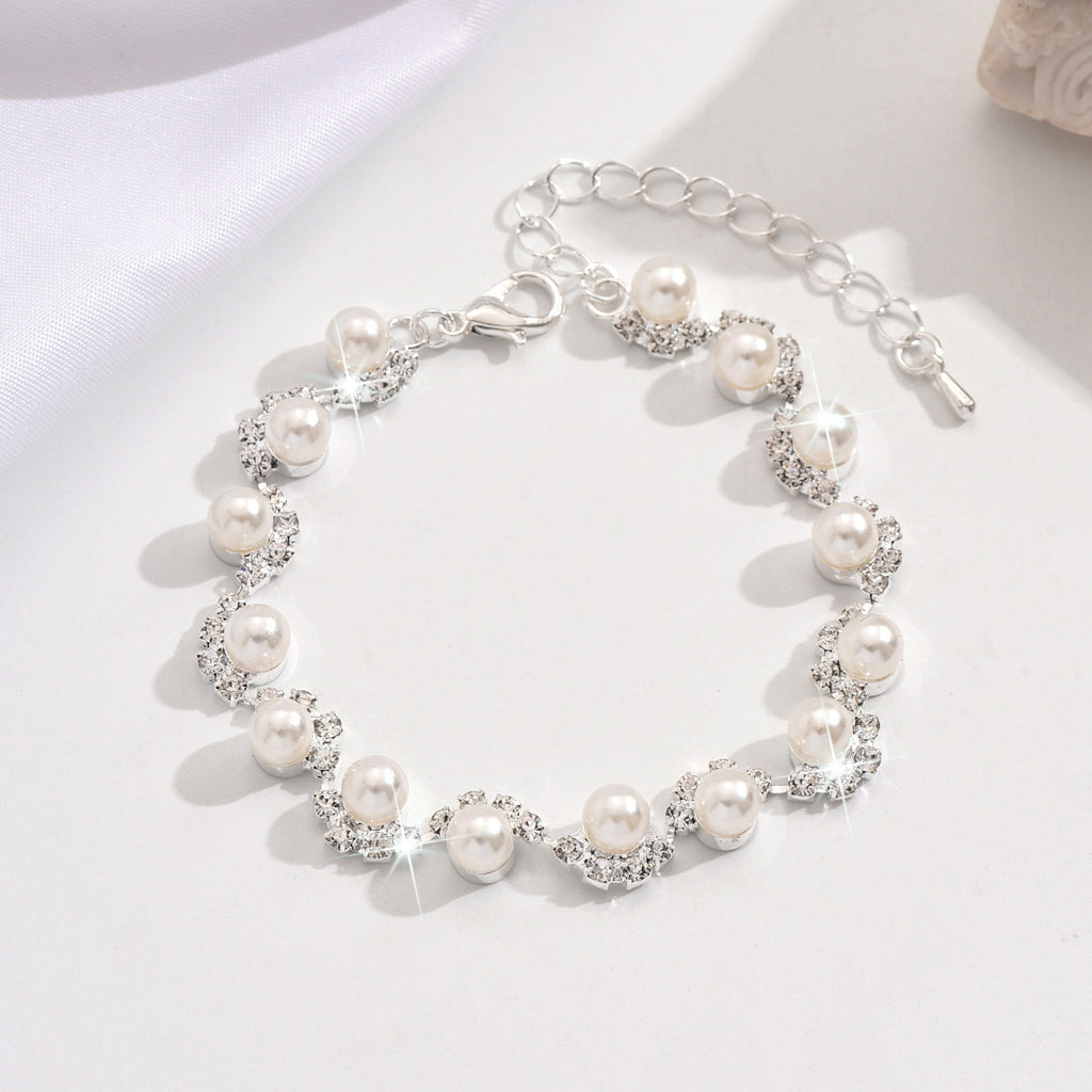 Pearl and Rhinestone Bracelet for Women, Silver Gold or Rose Gold-Tone — side view