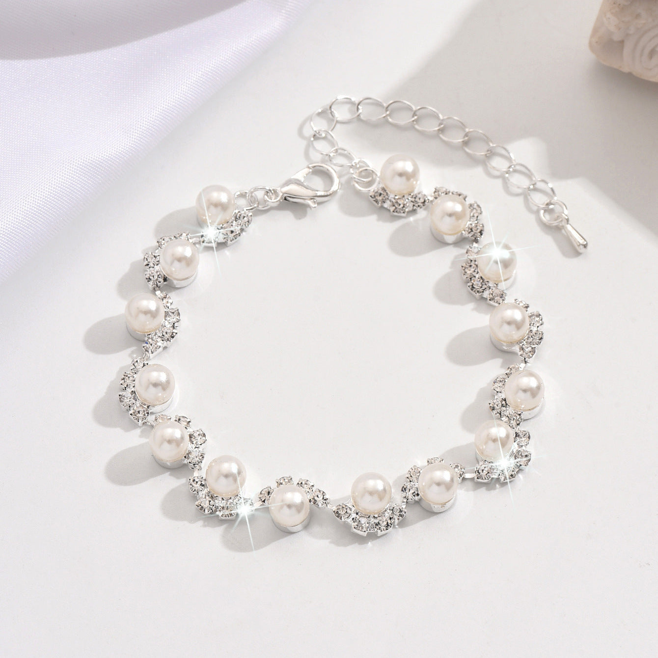 Pearl and Rhinestone Bracelet for Women, Silver Gold or Rose Gold-Tone — side view