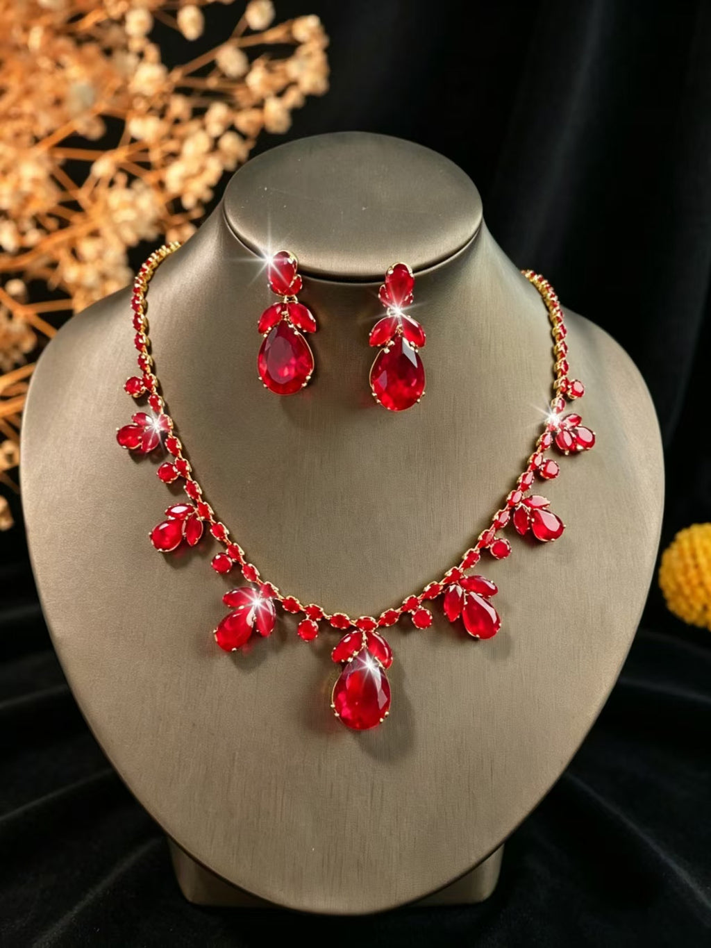 Pink Cubic Zirconia Leaf Jewelry Set, Gold-Plated Teardrop Necklace and Drop Earrings — front view
