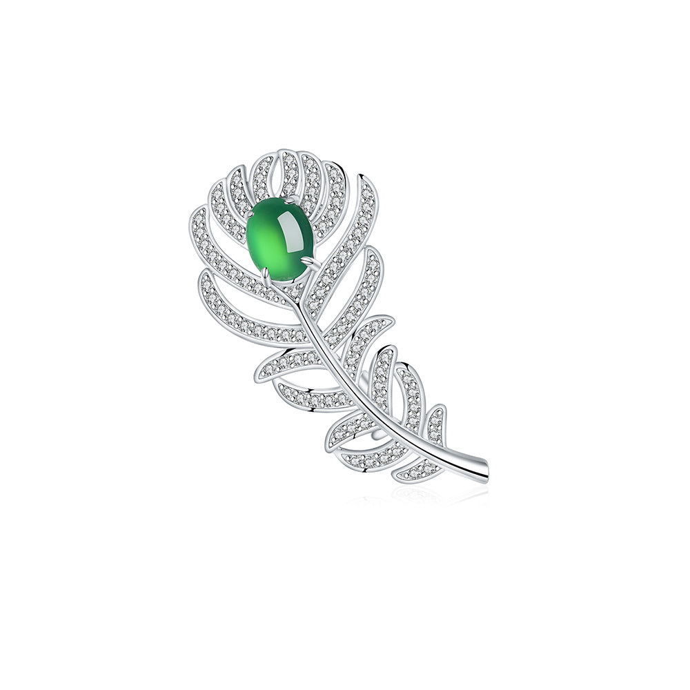 Sterling Silver Feather Brooch With 8 x 6 mm Green Chrysoprase Cabochon, Platinum-Plated — front view