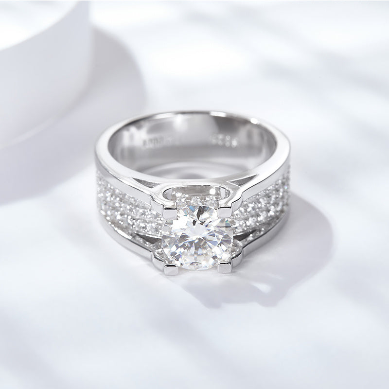 Sterling Silver Wide Band Moissanite Ring, 1ct or 2ct Stone — full product view