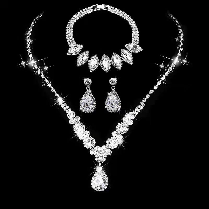 Rhinestone and Zircon Teardrop Necklace and Earrings Bridal Set in Four Styles — finish detail