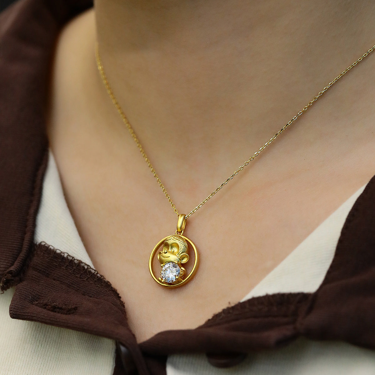 Sterling Silver Chinese Zodiac Monkey Necklace With 1 ct Moissanite, D Color VVS1 — front view