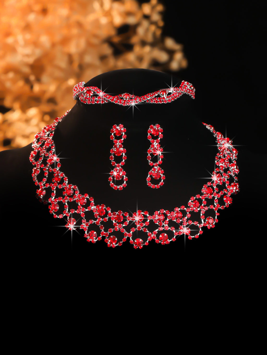 Stone-Set Necklace and Earrings Set in Silver Tone, Three Styles — scale reference