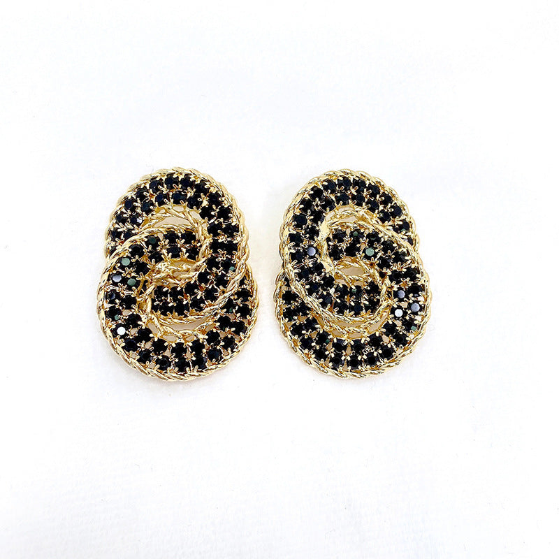 Double Arc Rhinestone Drop Earrings in Silver or Gold Tone, White — finish detail