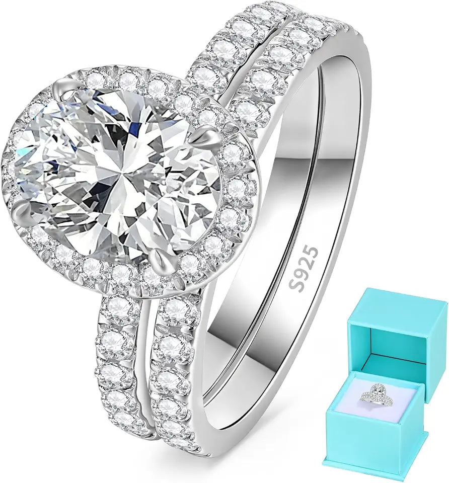Sterling Silver Oval Moissanite Halo Engagement Ring