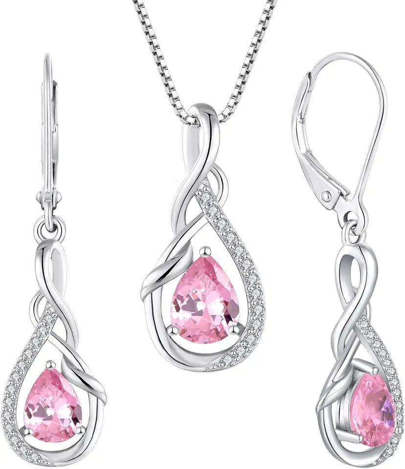 Sterling Silver Teardrop Tourmaline Drop Infinity Jewelry Set with Birthstone