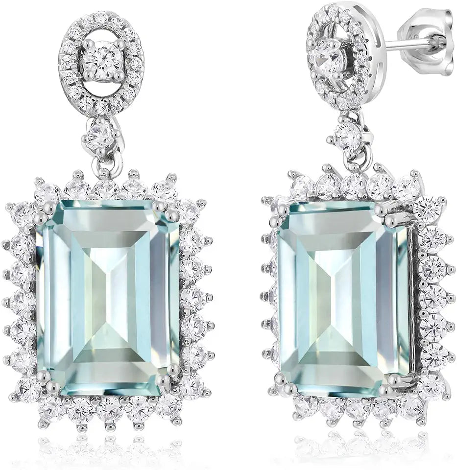 Sterling Silver Emerald-Cut Emerald Drop Halo Earrings with Birthstone