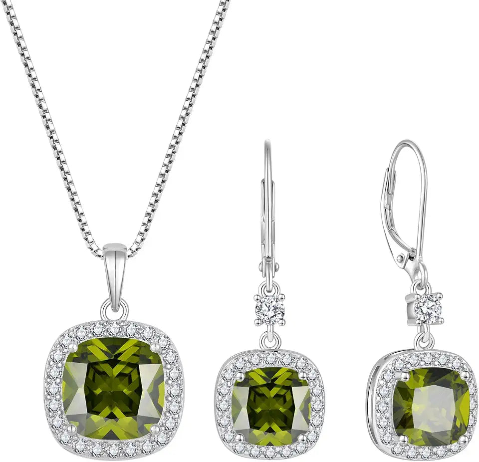 Sterling Silver Peridot Drop Halo Jewelry Set with Birthstone