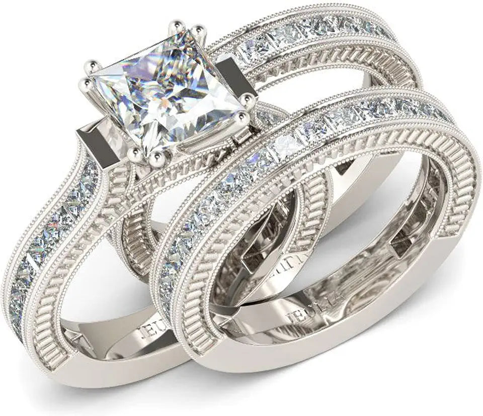 Sterling Silver Halo Wedding Band Jewelry Set