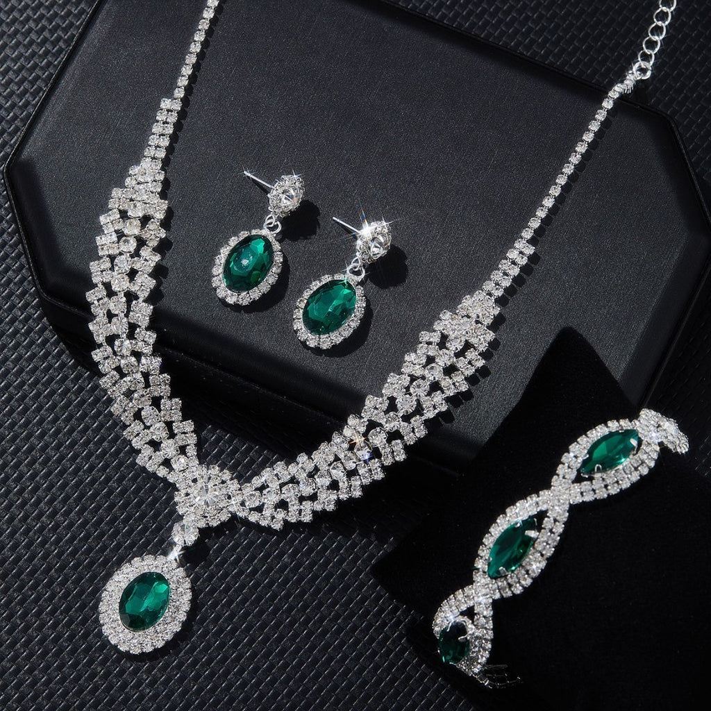 Colored Stone Necklace Jewelry Set for Women, 4-Piece Set in Black — shown in use