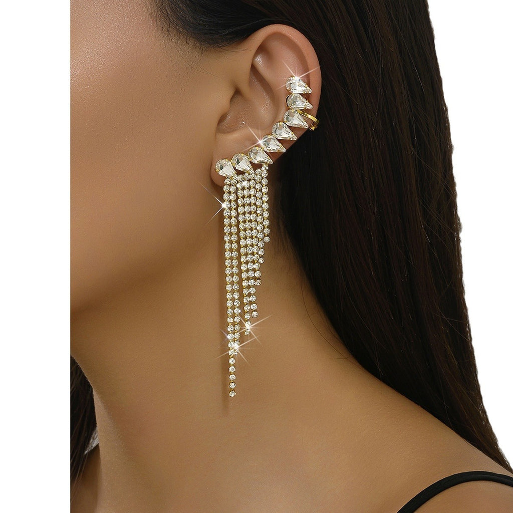 Rhinestone Tassel Drop Earrings for Women, Long Fringe Design — shown in use