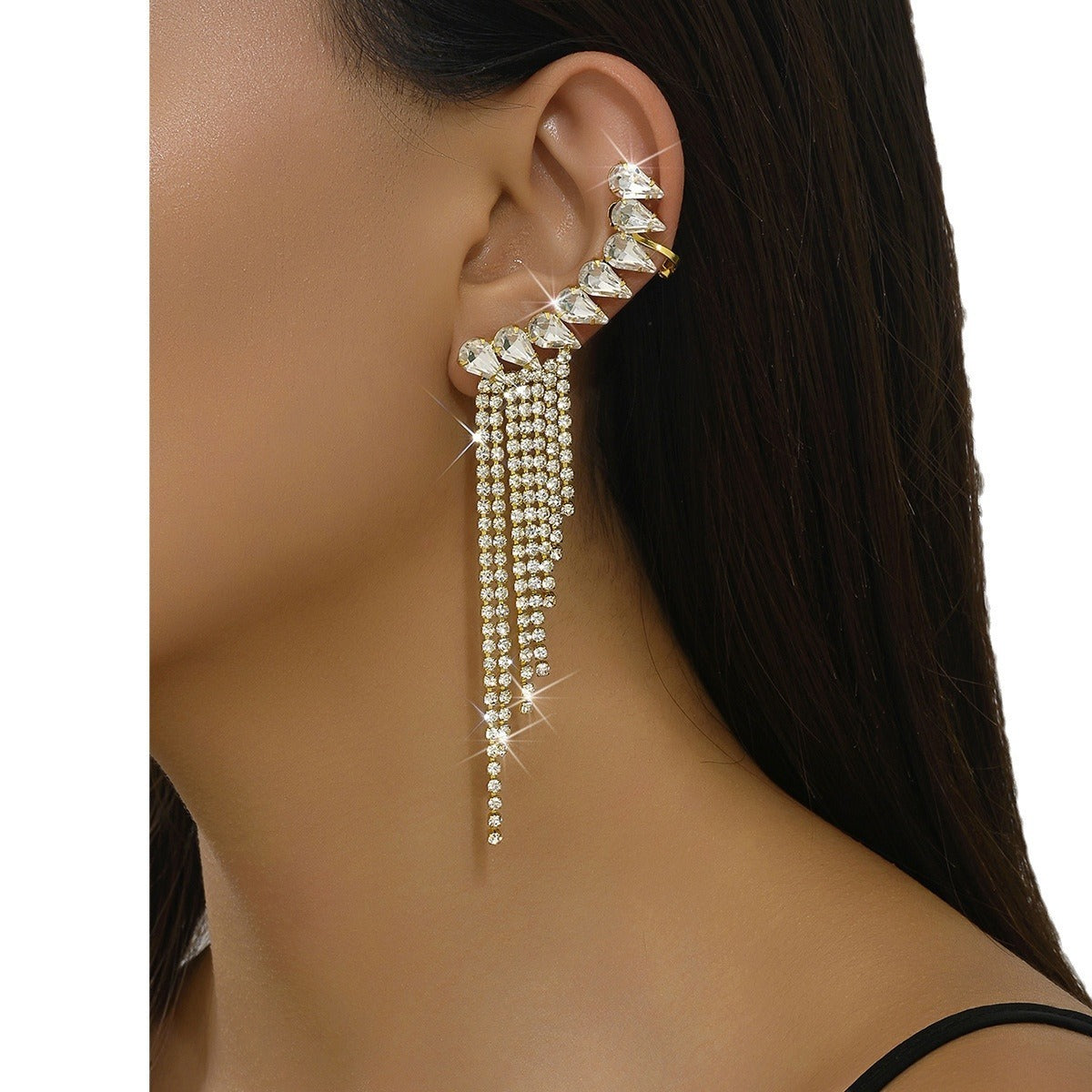 Rhinestone Tassel Drop Earrings for Women, Long Fringe Design — shown in use