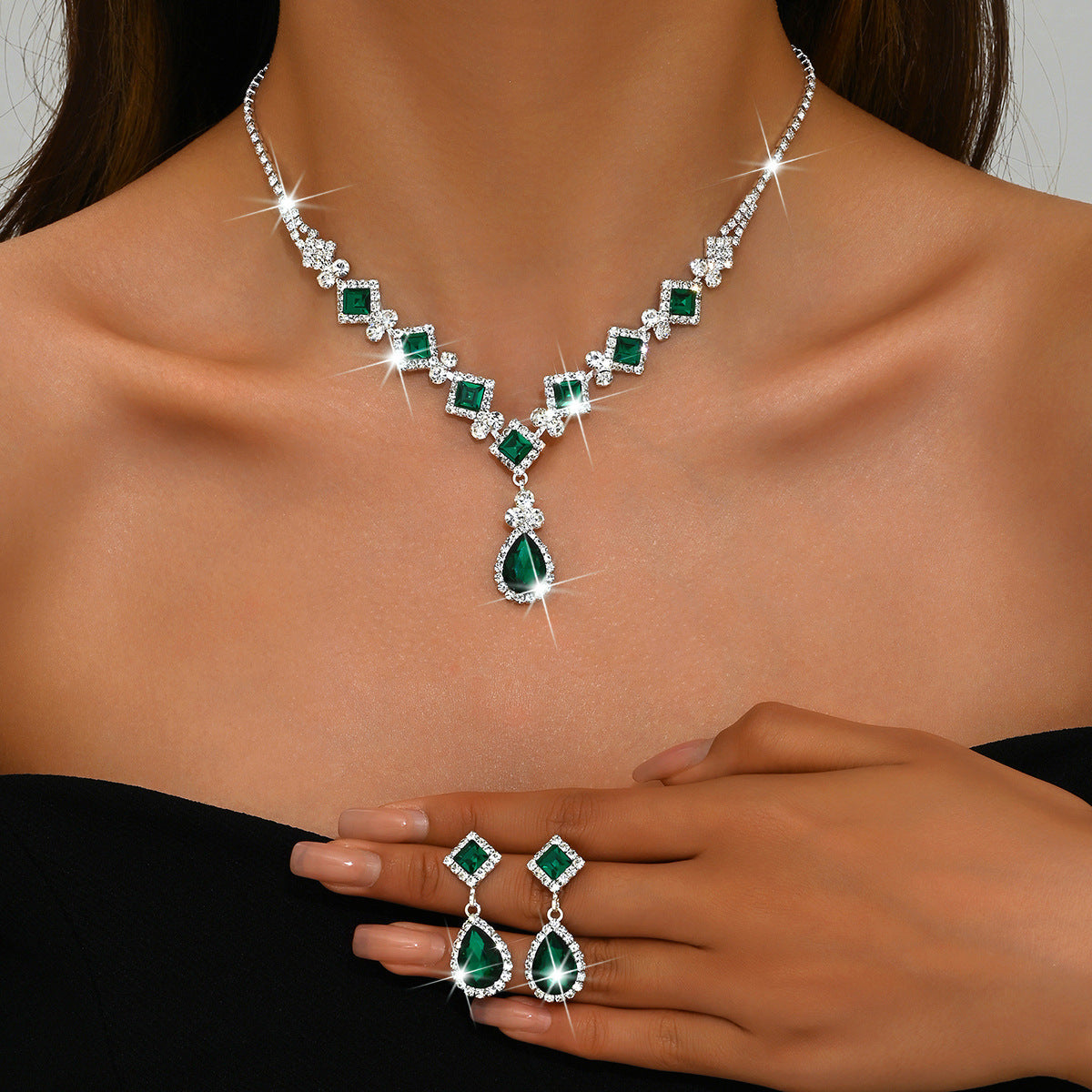 Geometric Teardrop Zircon Necklace and Earrings Set for Women