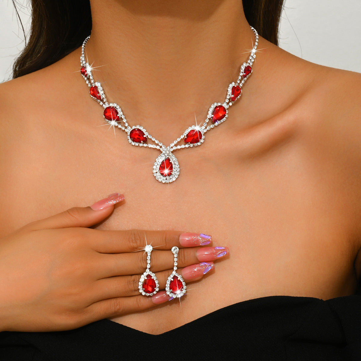 Geometric Teardrop Zircon Necklace and Earrings Set for Women