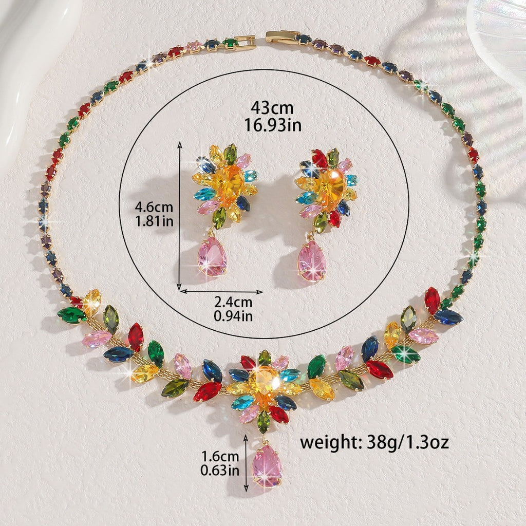Bridal Zircon Jewelry Set, Teardrop and Leaf Rhinestone Necklace with Earrings — side view