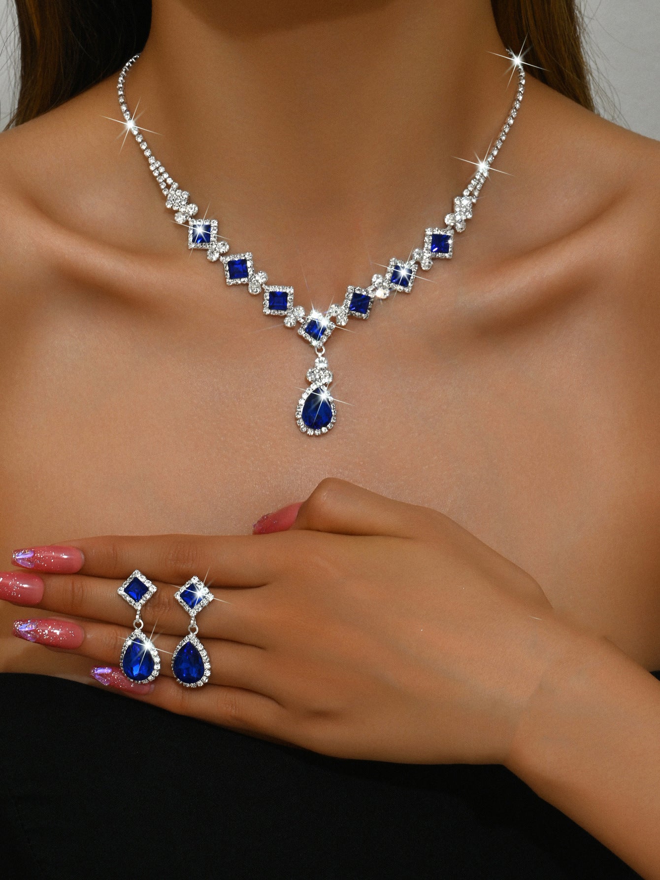 Geometric Teardrop Zircon Necklace and Earrings Set for Women