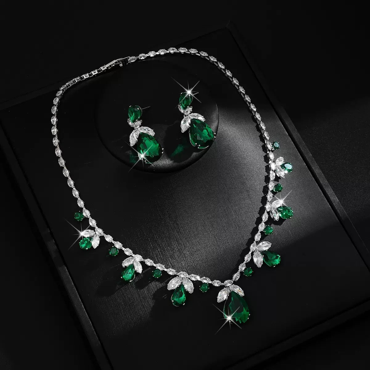 Cubic Zirconia Leaf Bridal Set in Ten Styles — Teardrop Necklace and Drop Earrings, Silver or Gold Tone