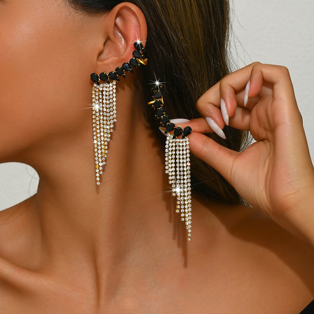 Rhinestone Tassel Drop Earrings for Women, Long Fringe Design — scale reference