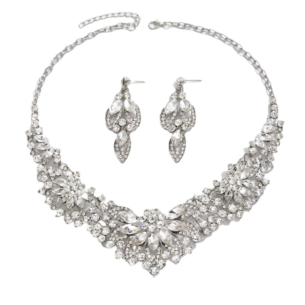 Stone-Set Flower Necklace and Earrings Bridal Set in Green, Red — shown in use