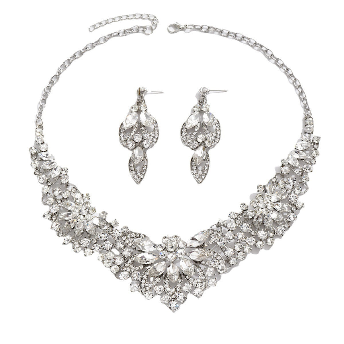 Stone-Set Flower Necklace and Earrings Bridal Set in Green, Red — shown in use