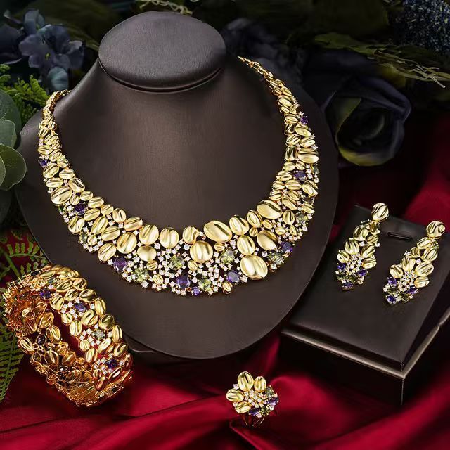 Oversized Necklace and Earrings Wedding Set in Pastel, Sapphire Blue Green or Olive Purple — scale reference