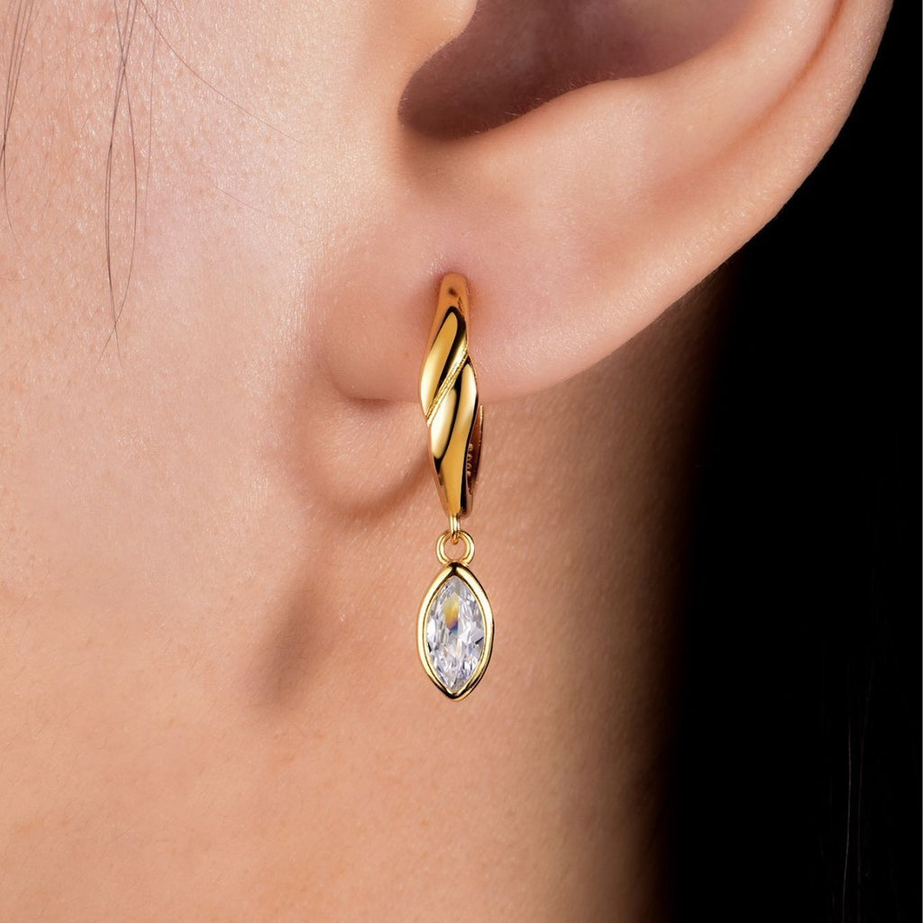 Sterling Silver Twist Huggie Drop Earrings With Marquise-Cut Moissanite, D-VVS1 — shown in use