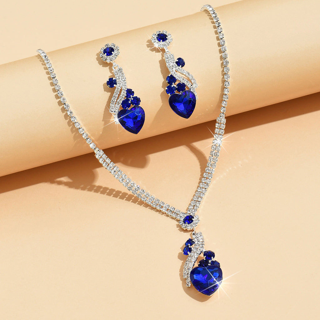 Claw Chain Teardrop and Heart Necklace and Earrings Set of 2 in Royal Blue, Red — full product view