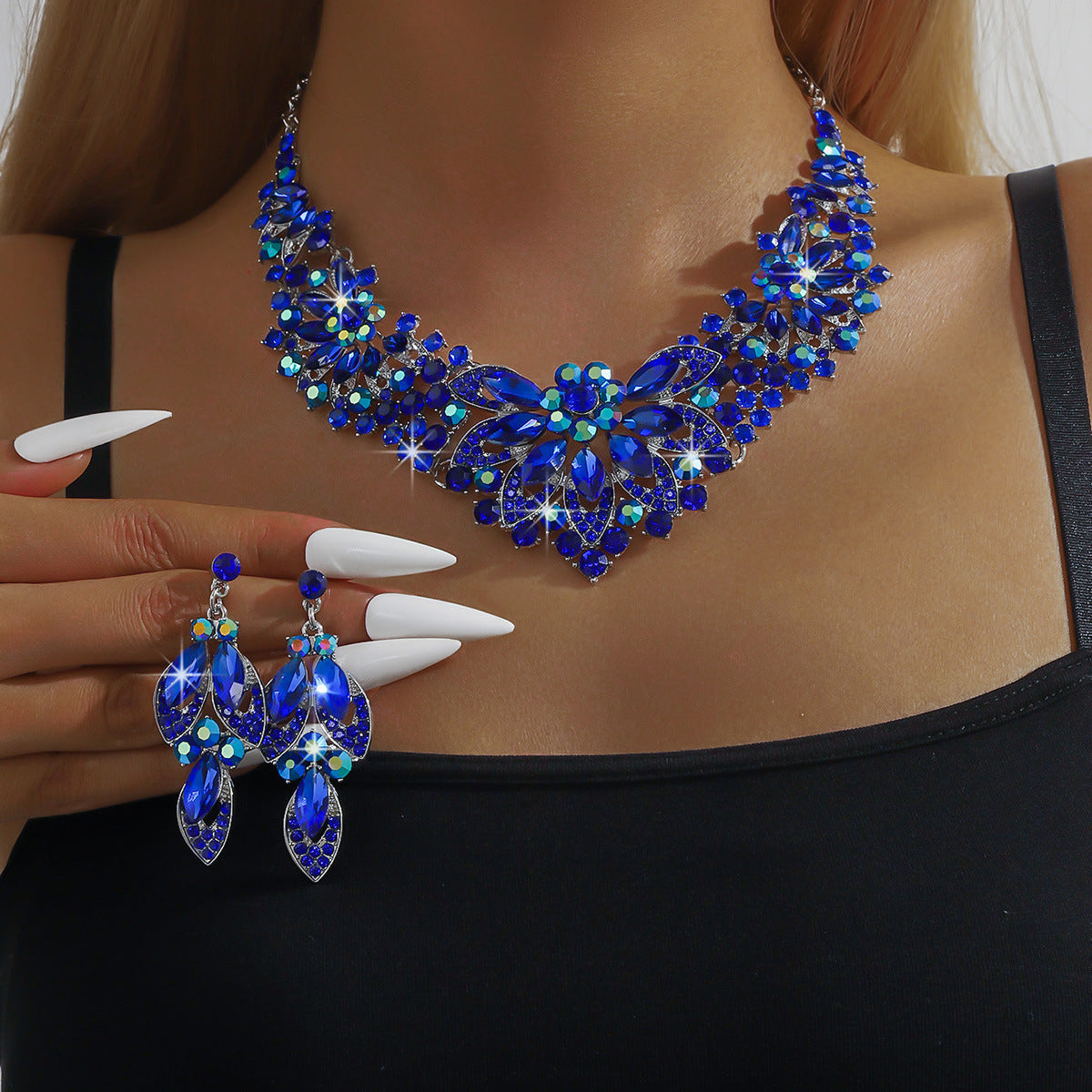Bridal Necklace and Earrings Set, Silver Red Green or Blue Stones — alternate angle
