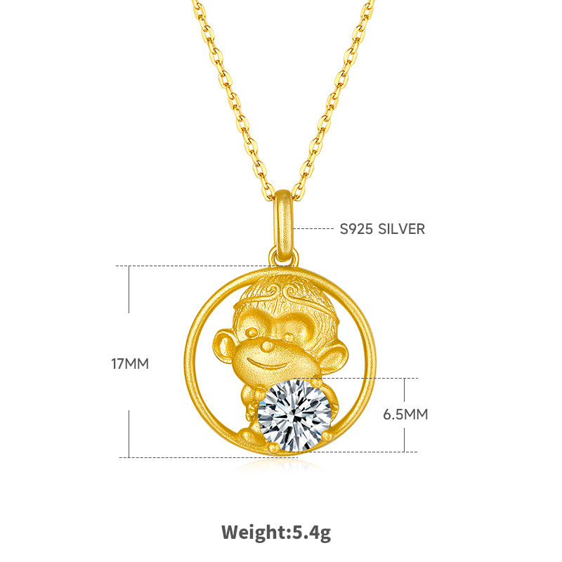 Sterling Silver Chinese Zodiac Monkey Necklace With 1 ct Moissanite, D Color VVS1 — detail close-up