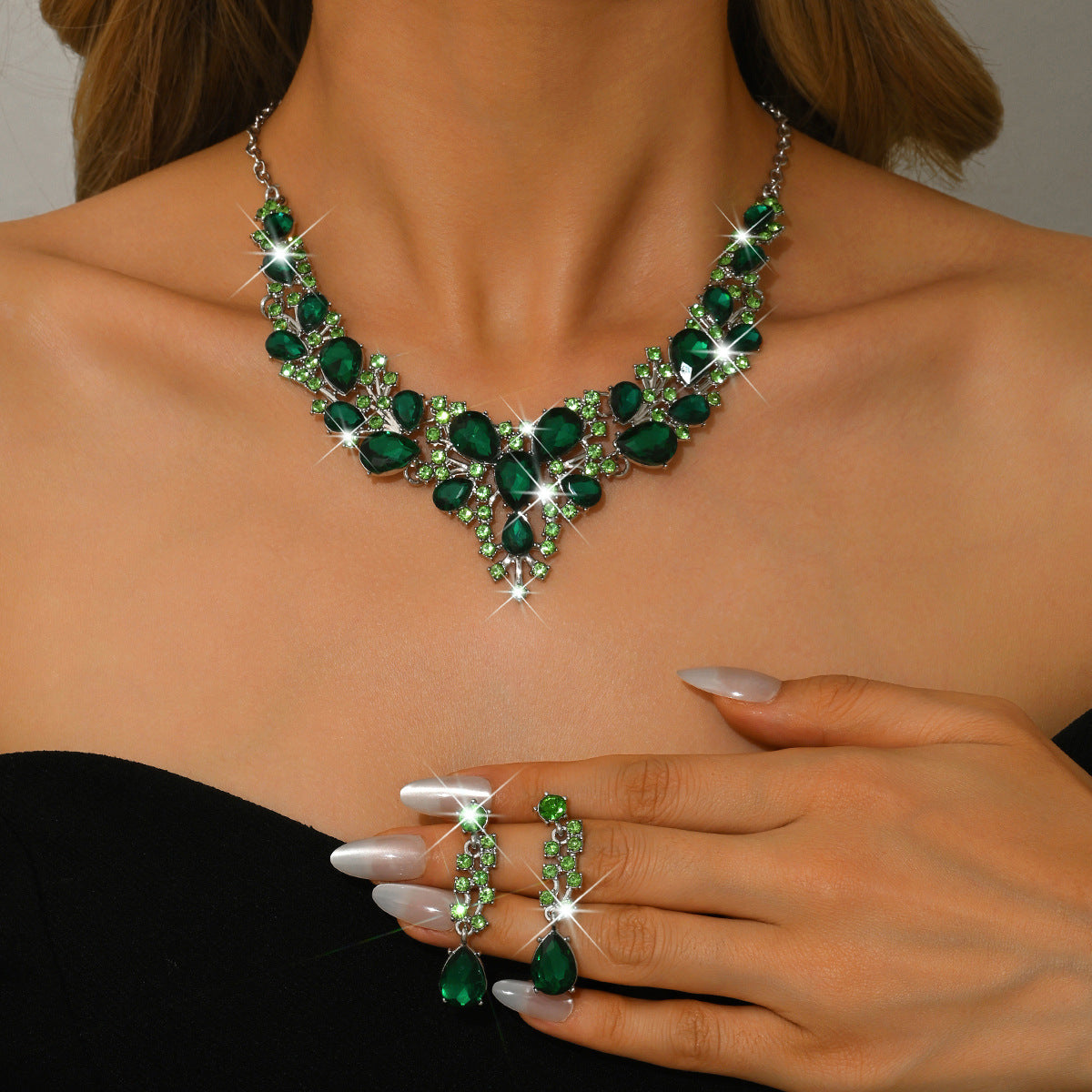 Stone-Set Flower Necklace and Earrings Bridal Set – Statement Wedding Jewelry