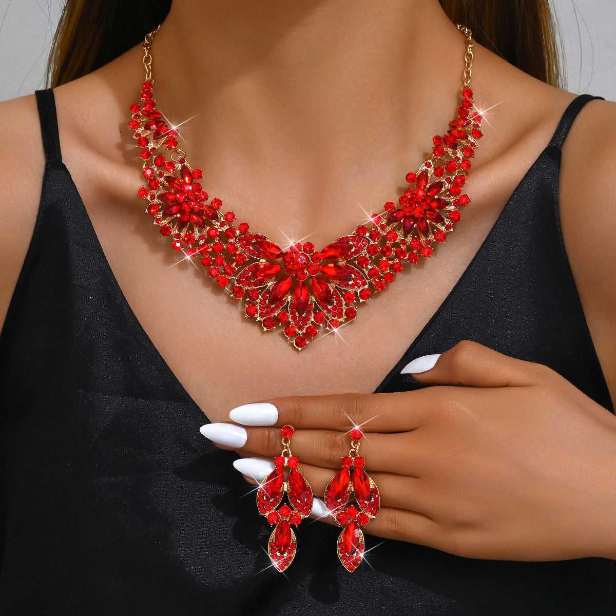 Stone-Set Flower Necklace and Earrings Bridal Set in Green, Red — alternate angle