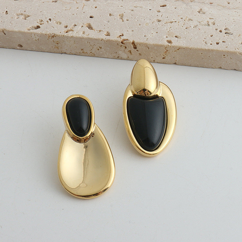 Black Onyx Necklace or Earrings in Gold or Silver Tone, Irregular Stitched Design — scale reference
