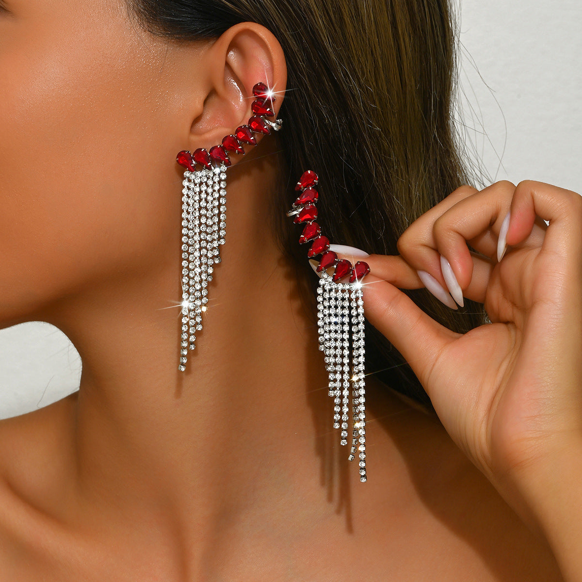 Rhinestone Tassel Drop Earrings for Women, Long Fringe Design — detail close-up