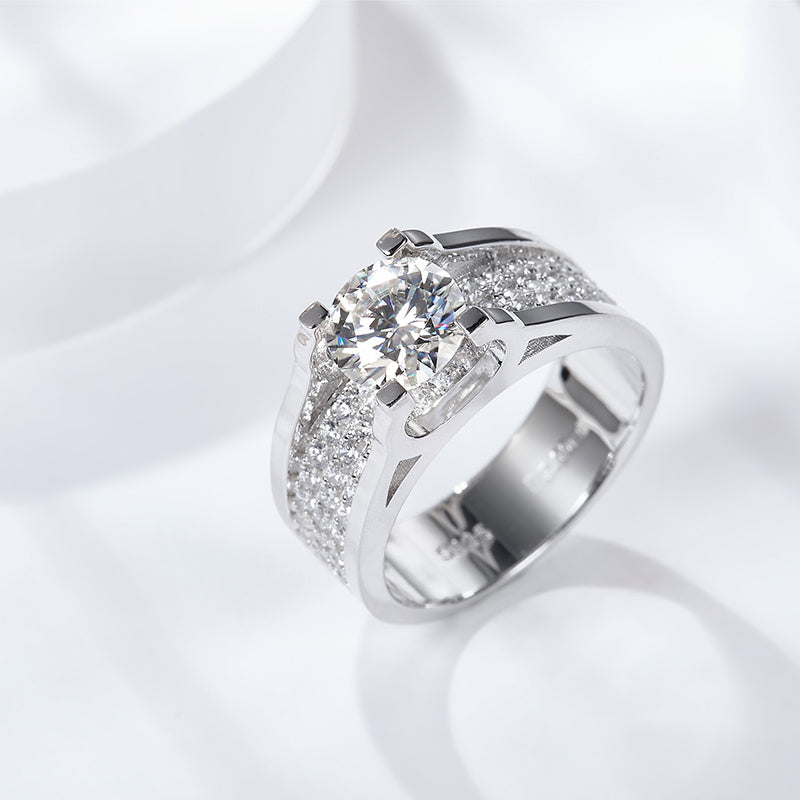 Sterling Silver Wide Band Moissanite Ring, 1ct or 2ct Stone — side view