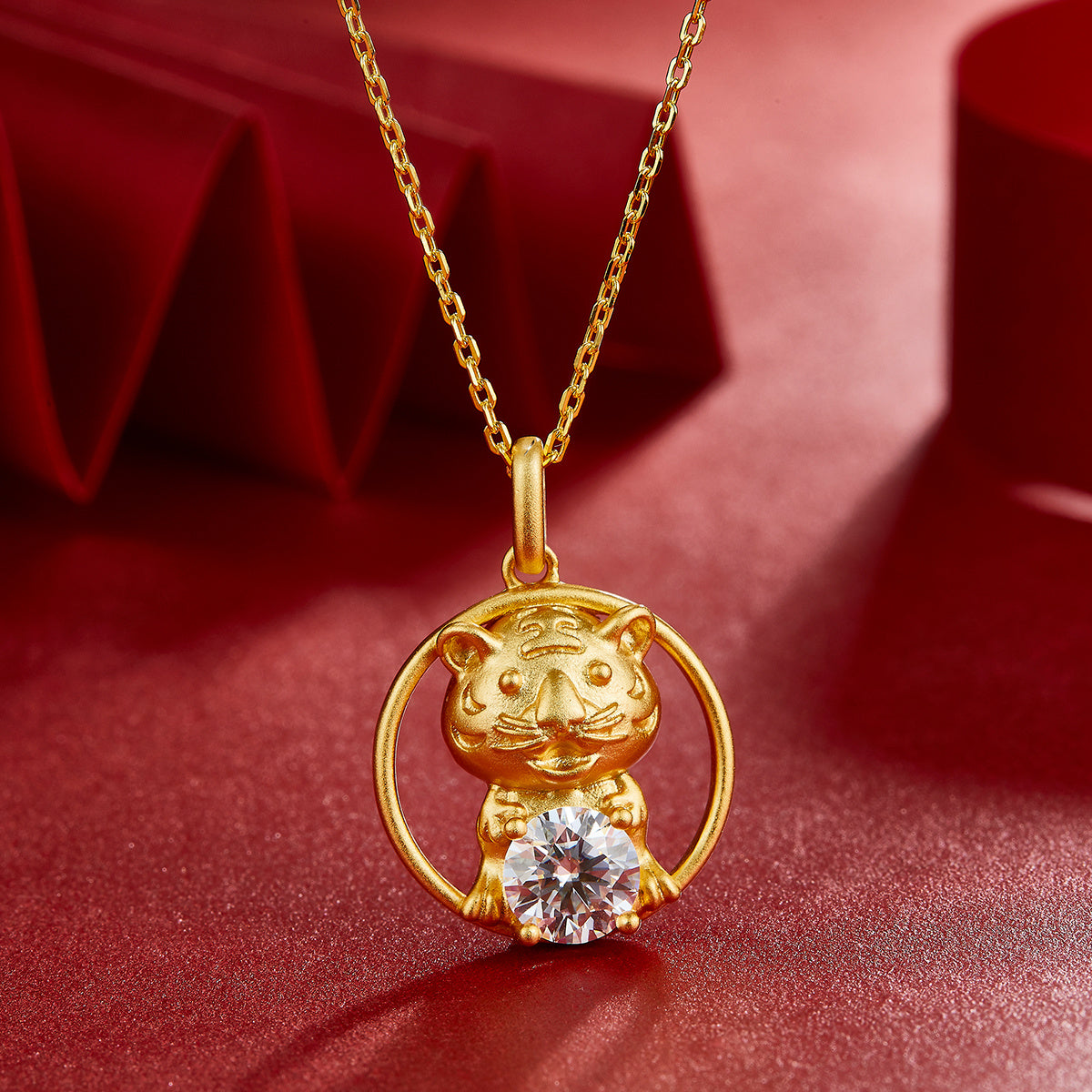 Sterling Silver Chinese Zodiac Tiger Necklace With 1 ct Moissanite, D Color VVS1 — side view