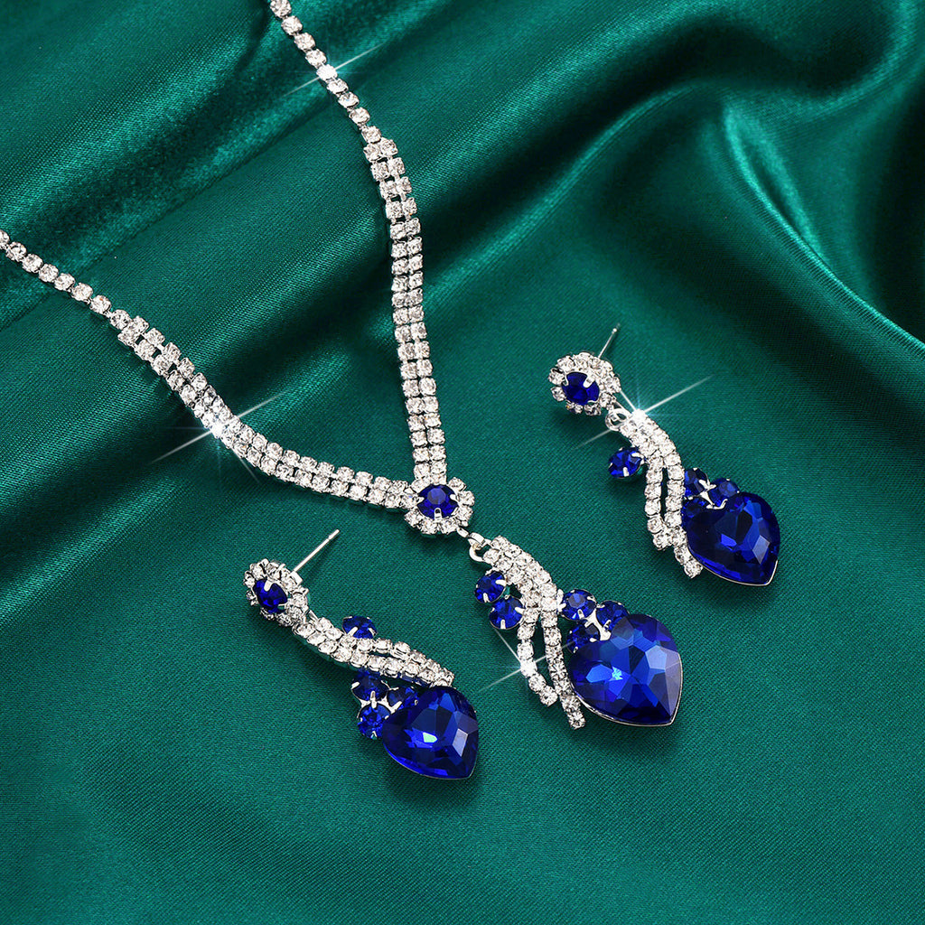 Crystal Heart Necklace and Earrings Set in Royal Blue, Green — full product view