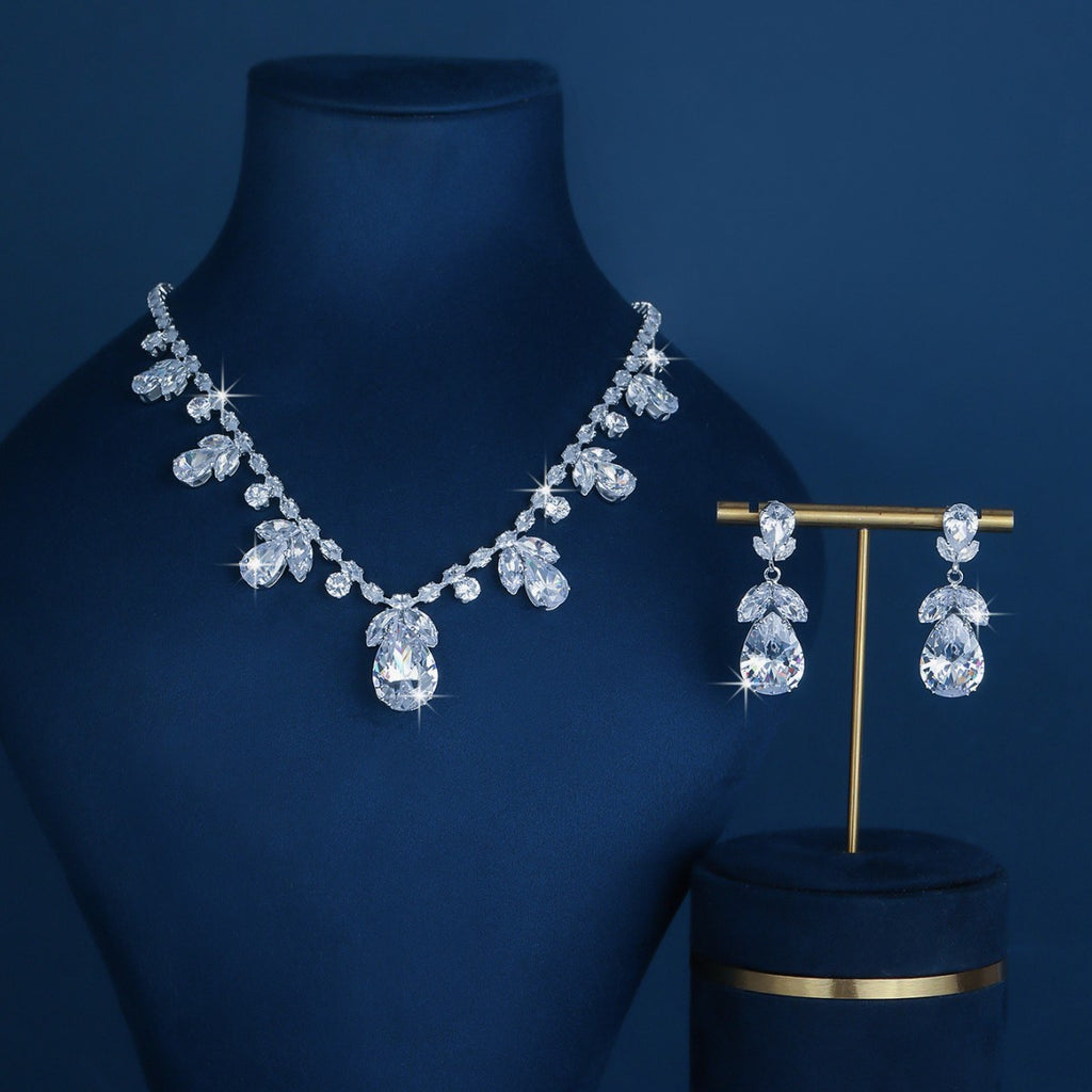 Pink Cubic Zirconia Leaf Jewelry Set, Gold-Plated Teardrop Necklace and Drop Earrings — detail close-up