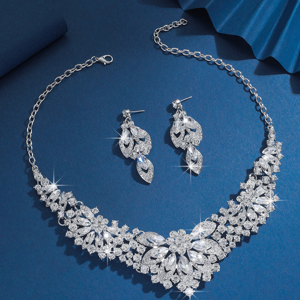 Bridal Necklace and Earrings Set, Silver Red Green or Blue Stones — full product view