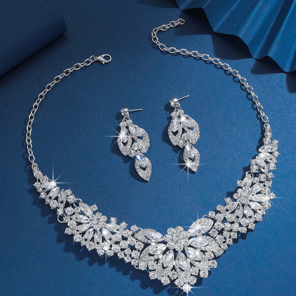 Bridal Necklace and Earrings Set, Silver Red Green or Blue Stones — full product view