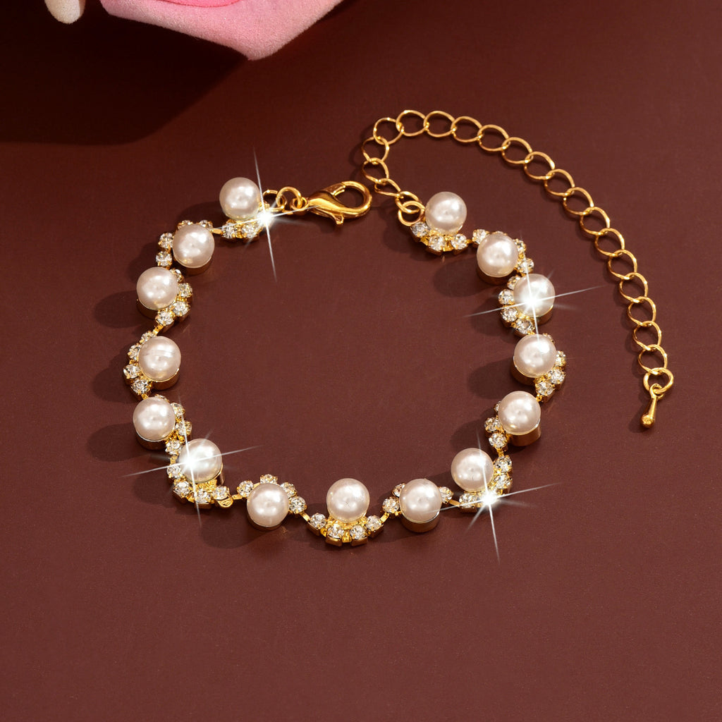 Pearl and Rhinestone Bracelet for Women, Silver Gold or Rose Gold-Tone — front view