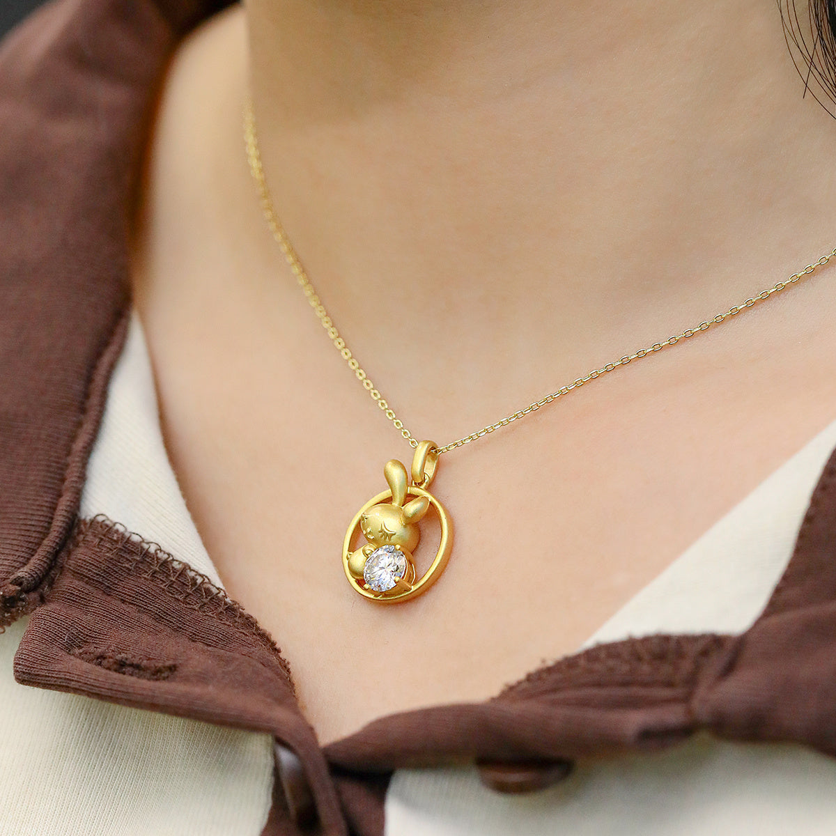 Sterling Silver Chinese Zodiac Rabbit Necklace With 1 ct Moissanite, D Color VVS1 — front view