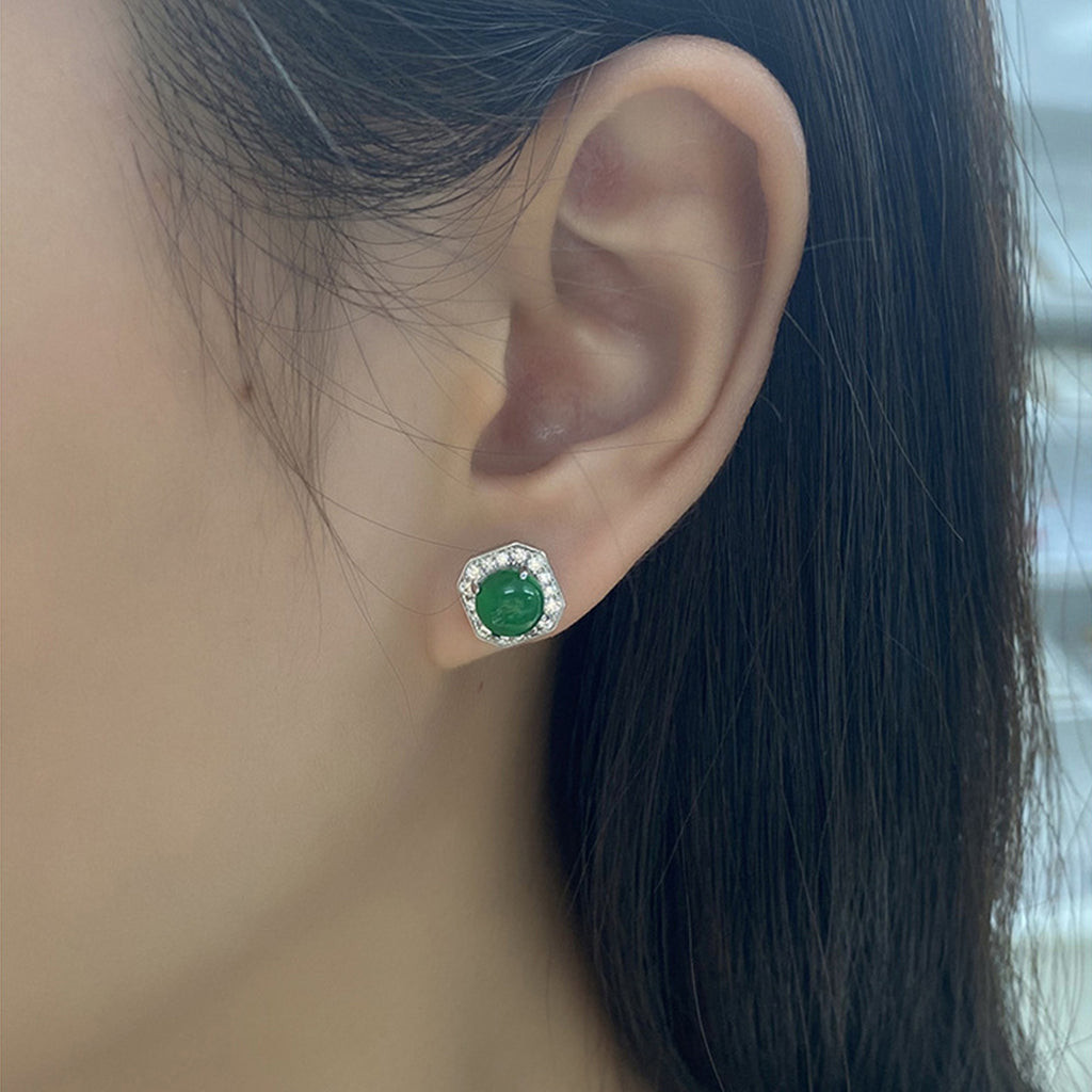 Sterling Silver Octagon Halo Stud Earrings With 6 mm Round Green Chrysoprase — side view