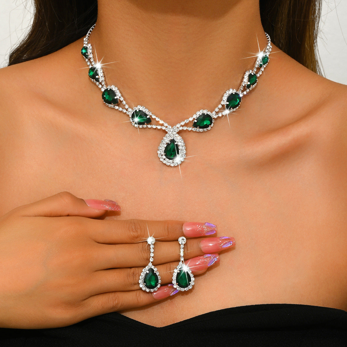Geometric Teardrop Zircon Necklace and Earrings Set for Women