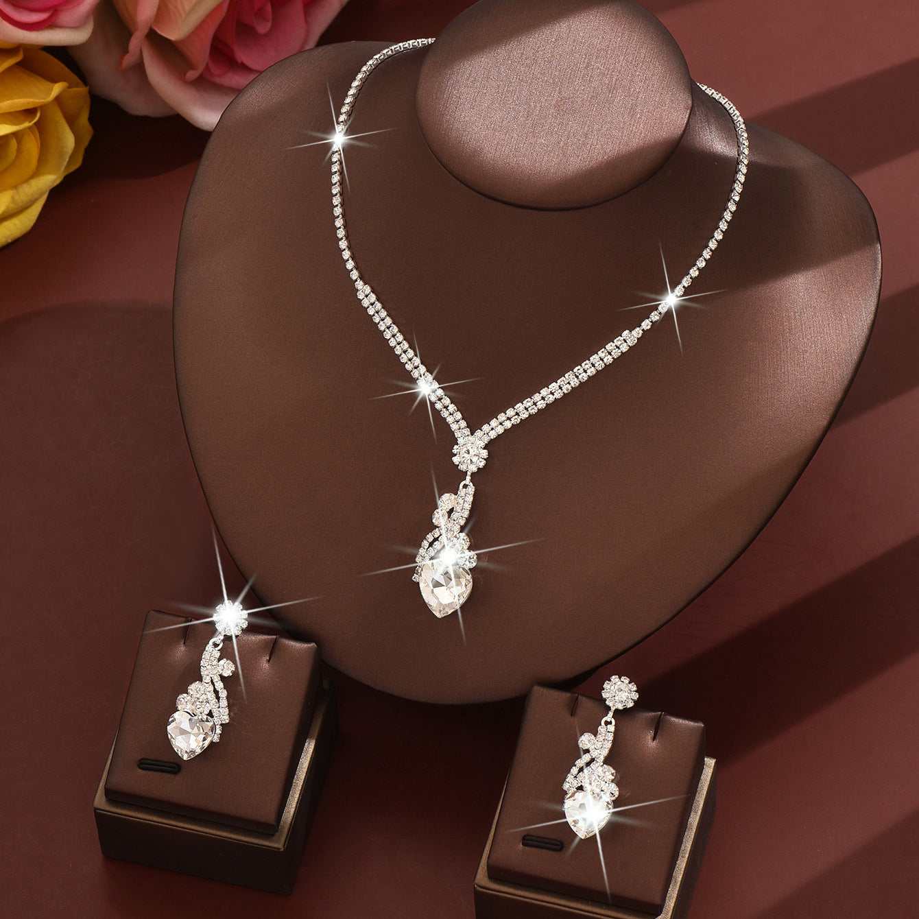 Crystal Heart Necklace and Earrings Set in Royal Blue, Green — detail close-up