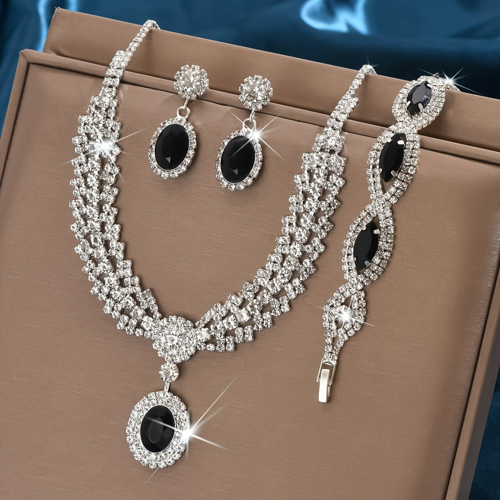 Colored Stone Necklace Jewelry Set for Women, 4-Piece Set in Black — detail close-up