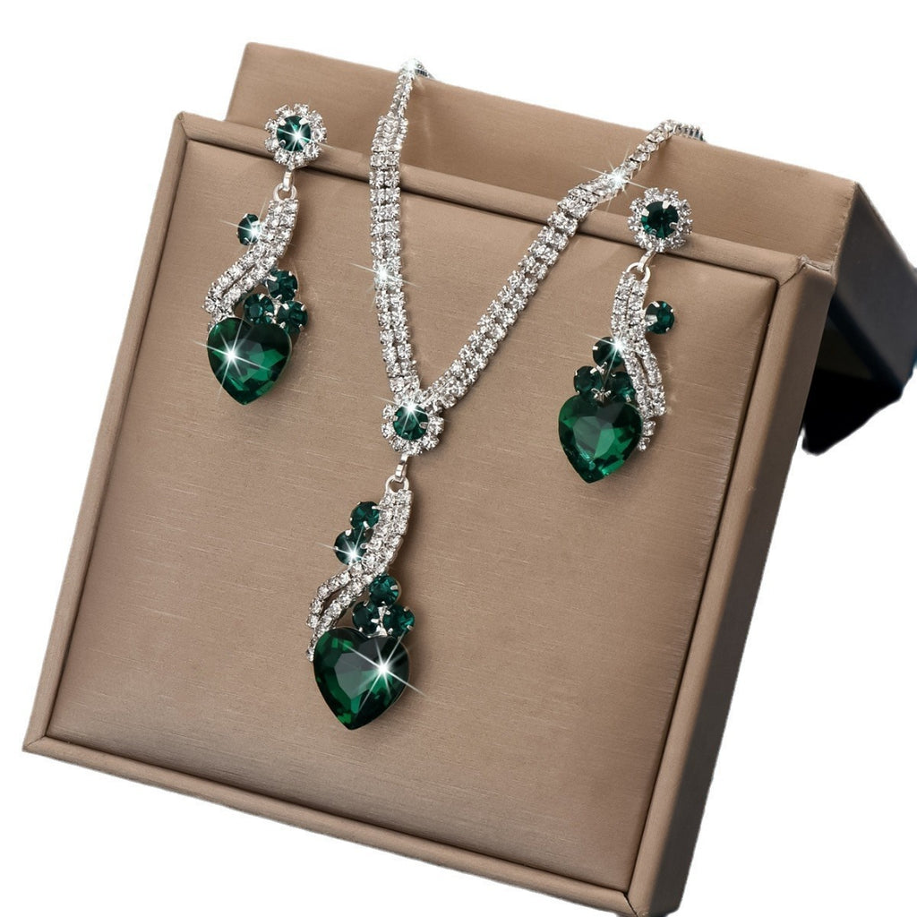 Crystal Heart Necklace and Earrings Set in Royal Blue, Green — shown in use