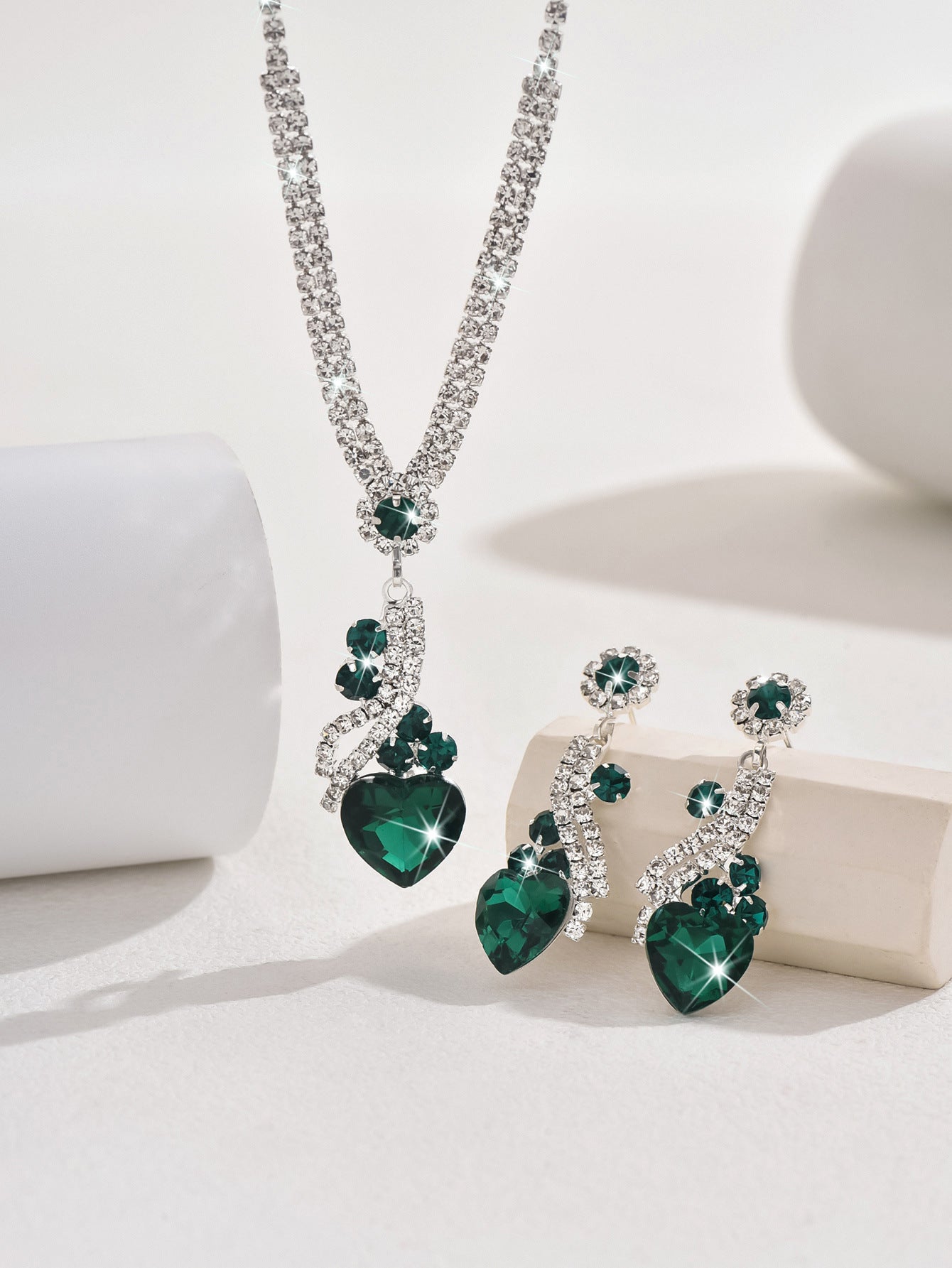 Crystal Heart Necklace and Earrings Set in Royal Blue, Green — finish detail