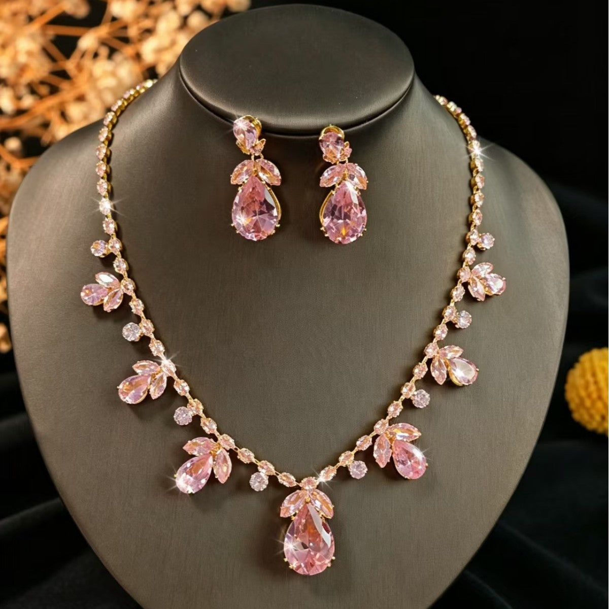 Pink Cubic Zirconia Leaf Jewelry Set, Gold-Plated Teardrop Necklace and Drop Earrings — side view