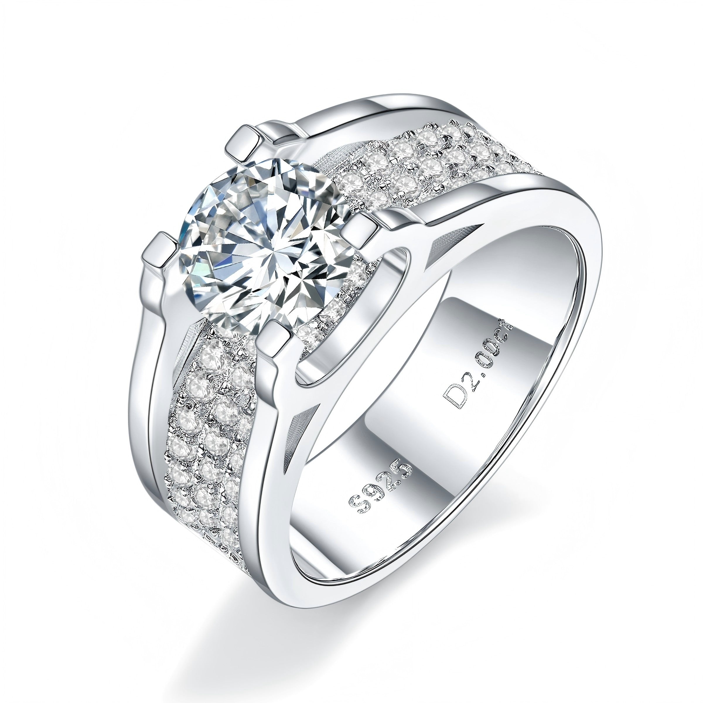 Sterling Silver Wide Band Moissanite Ring – 1 ct or 2 ct, Split Shank Pave